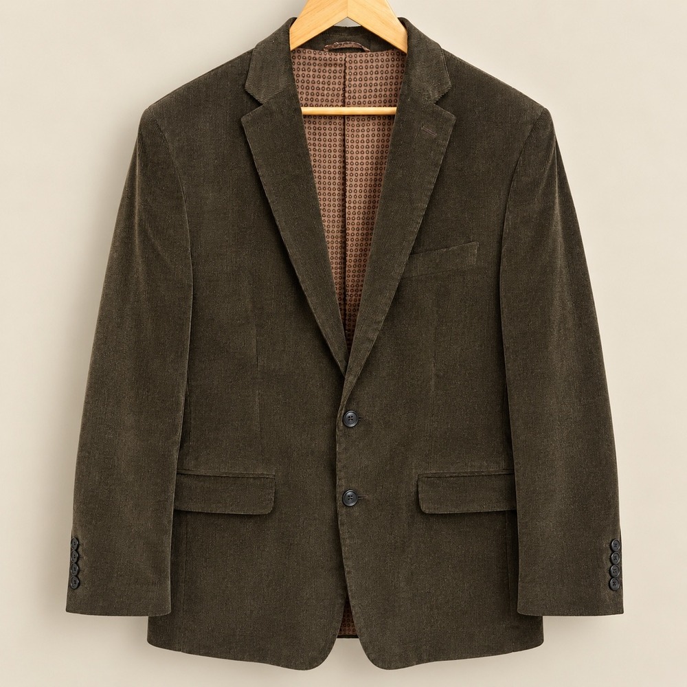 Chaps Mens Olive Green Corduroy Blazer Elbow Patches Sport Coat 46L 100% Cotton